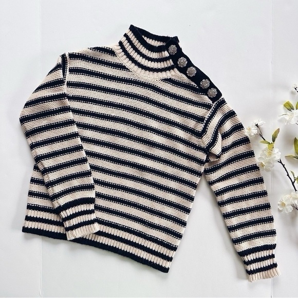 J.Crew Cable-Knit Mockneck Pullover in Stripe with Jewel Buttons - Picture 3 of 7